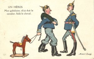 Horses. A hero with his toy horse  Humorous old vintage French  signed postcar