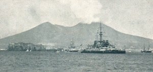 Postcard Italian Royal Navy RARE Ship in front of Mt. Vesuvius Naples c1907