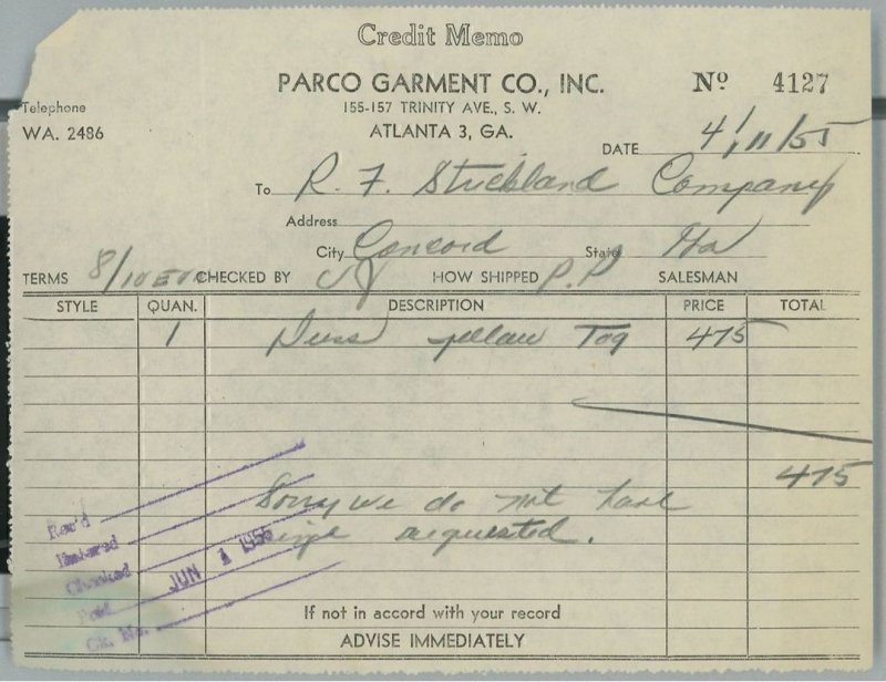 1955 Parco Garment Company Inc Trinity Ave Atlanta GA Clothes Credit Memo 324