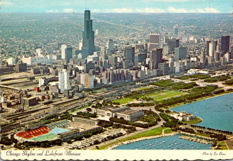 Illinois Chicago Aerial View Of Skyline and Lakefront Marina