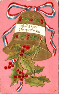 Christmas Postcard Patriotic Ribbon Tied on a Gold Bell with Holly