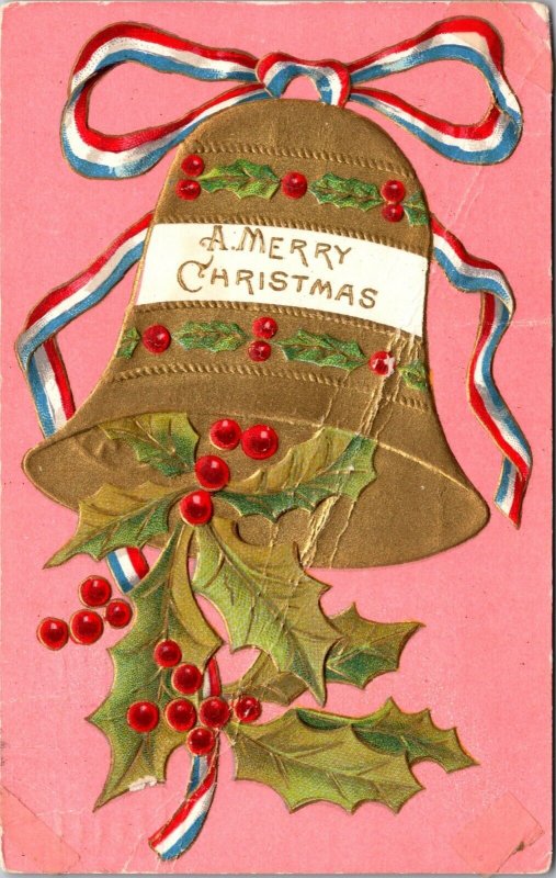 Christmas Postcard Patriotic Ribbon Tied on a Gold Bell with Holly