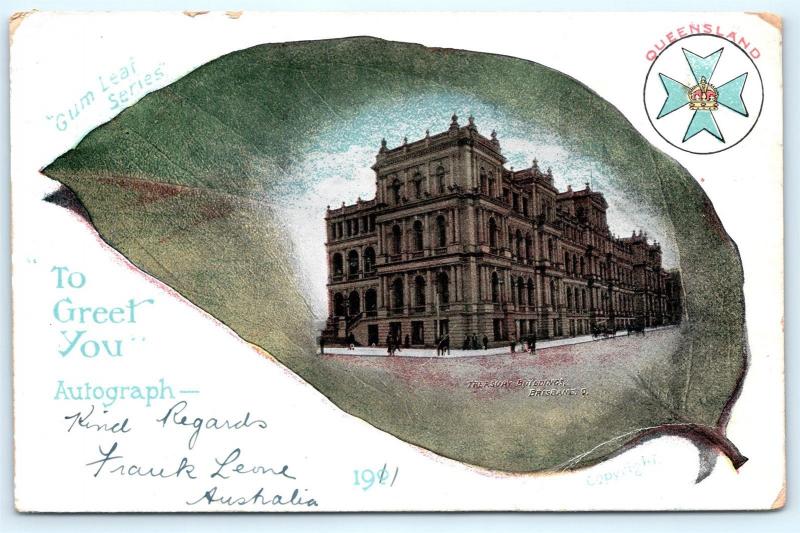 Postcard Australia Queensland Brisbane Treasury Building Gum Leaf Series K11