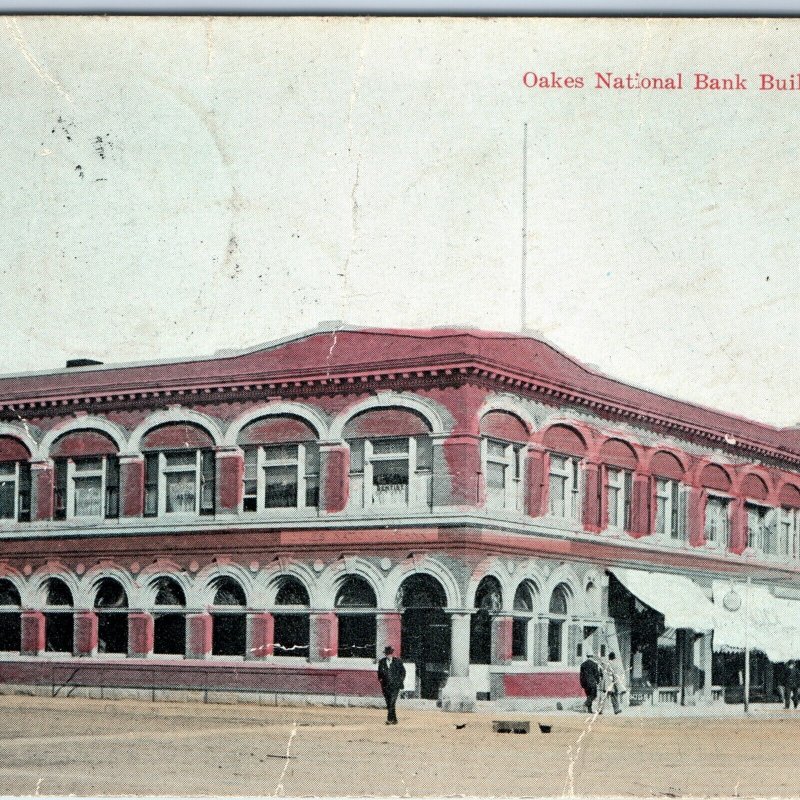c1900s Oakes, ND National Bank Building Downtown Main St Postcard Bradford A168