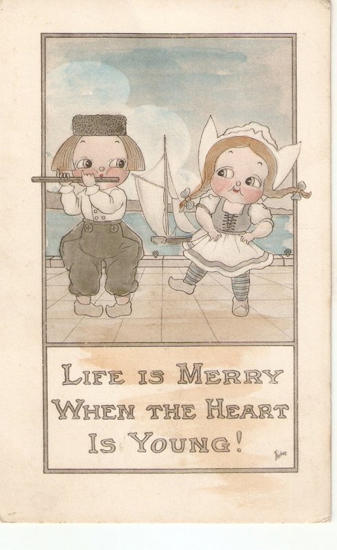 Comic children couple. Life is merry when.. Humorous vintage American postcard