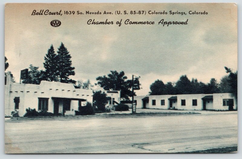 Colorado Springs~Bell Court on S Nevada Ave~Radios~1950s Litho Postcard