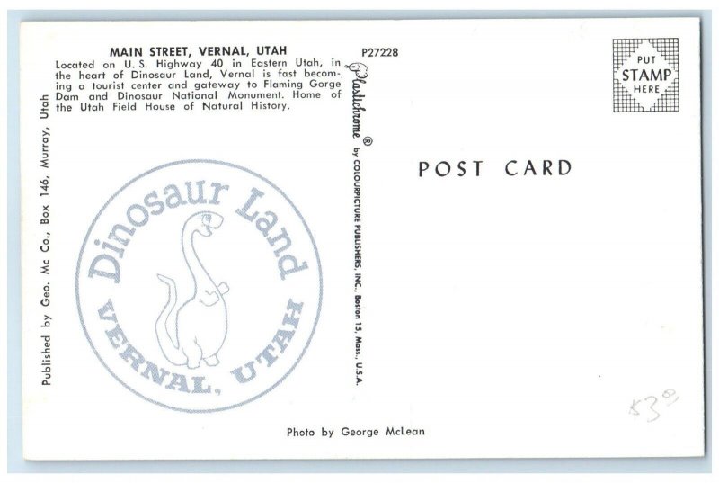 c1960 Main Street Highway Eastern Dinosaur Land Vernal Utah UT Vintage Postcard