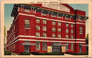 Textile Hall Greenville SC South Carolina Linen Postcard VTG UNP Vintage Unused 