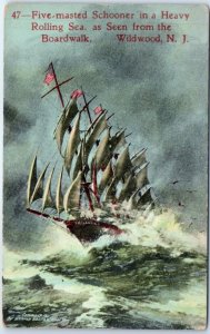 Postcard - Fived-masted Schooner in a Heavy Rolling Sea - Wildwood, New Jersey