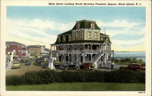 Block Island RI Main St. Fountain Square Linen Postcard