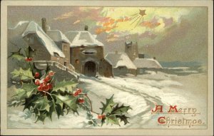 Christmas Village Night Scene Holly Embossed Tuck c1900s-20s Postcard