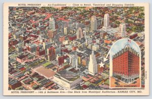 Linen~Air View Hotel President Kansas City Missouri~Vintage Postcard