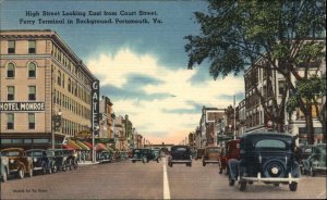 Portsmouth Virginia VA High Street Scene Hotel Monroe Linen Vintage Postcard