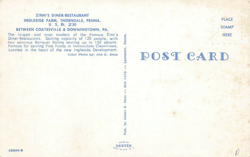 Thorndale  PA U.S.on Rt. 30  Zinn's Diner Old Cars Postcard