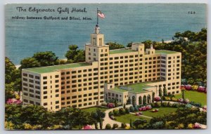 Mississippi~Edgewater Gulf Hotel Birds Eye View~Cupola~USA Flag~Linen Postcard