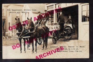 Clinton IOWA RPPC c1910 FIRE DEPARTMENT Firemen WAGON Champion Horses POSING KB