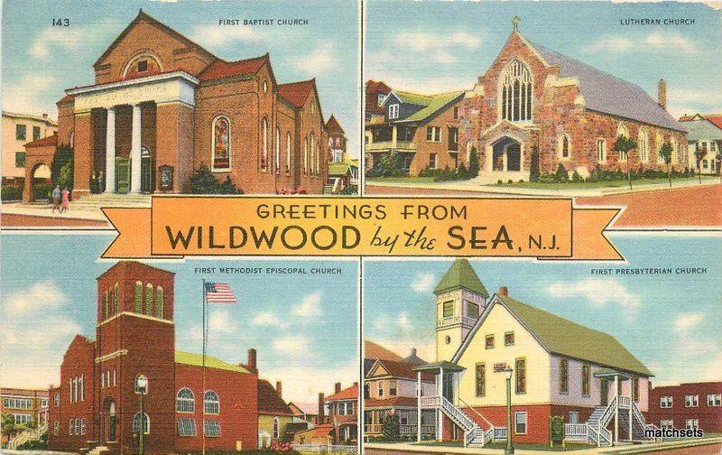 1940s Wildwood by the Sea New Jersey Churches linen Tichnor postcard 10233