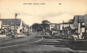 Lincoln ME Main Street Bailey Drugs Storefronts Old Cars Postcard