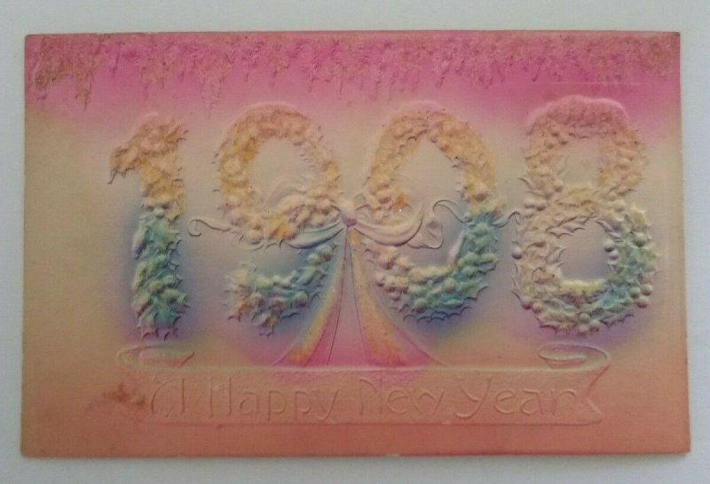 Vintage New Year Postcard Deep Embossed 1908 Glitter Original Antique Unused