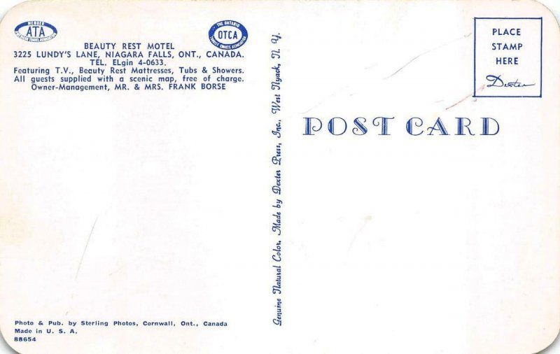 NIAGARA FALLS, Ontario Canada  BEAUTY REST MOTEL~Frank Borse  ROADSIDE  Postcard