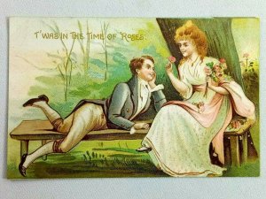 Vintage Postcard T'Was In The Time of Roses Greetings Man Courting Women