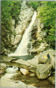 Glen Ellis Falls - boy pouring water on rocks - Pinkham Notch White Mountains NH