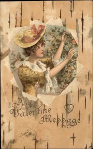 Valentine Beautiful Woman Gathers Flowers c1910 Vintage Postcard