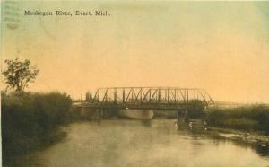 1910 Muskogee River Evart Michigan hand colored postcard 1029