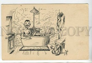 443899 Russia MOLLWO Man in Hot Water Bath CARICATURE HAND PAINTED postcard INK