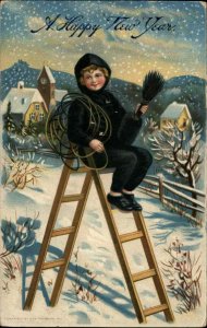 Feinberg New Year Little Boy Chimney Sweep Sweeper on Ladder c1910 Gel PC