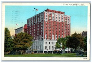 1929 Exterior View Hotel Olds Building Trees Cars Lansing Michigan MI Postcard