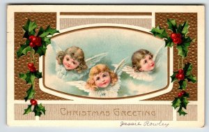 Christmas Postcard Cherub Angels Embossed Greetings Vintage Religious