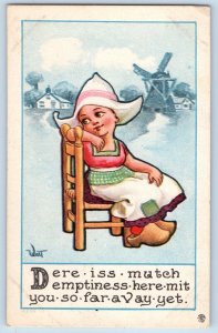 Wall Signed Postcard Dutch Girl Sat On Chair Windmill Sharon MA 1913 Antique