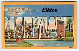 Greetings From Elkton Maryland Postcard Large Big Letter Unused Curt Teich Boats