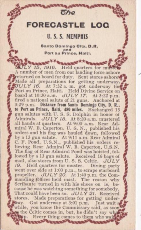 U S S Memphis Forecastle Log 15 July 1916