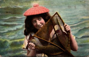 Beautiful Lady With Fish In Net 1908