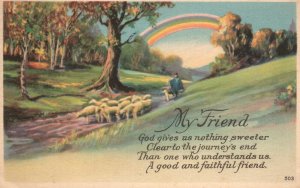 Vintage Postcard My Friend God Gives us Nothing Sweeter Sheep Herder Rainbow