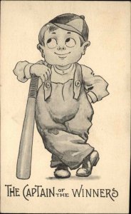 Baseball Comic Little Boy Leaning on Bat CAPTAIN OF THE WINNERS Postcard