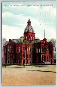 La Crosse Wisconsin~La Crosse County Court House~Domed Top w/Clock~1908 Postcard