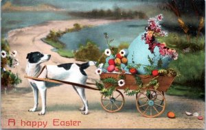 Postcard Happy Easter - dog pulling cart of eggs