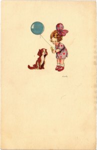 PC ARTIST SIGNED, PINHEY, A GIRL AND HER DOG, Vintage Postcard (b46385)