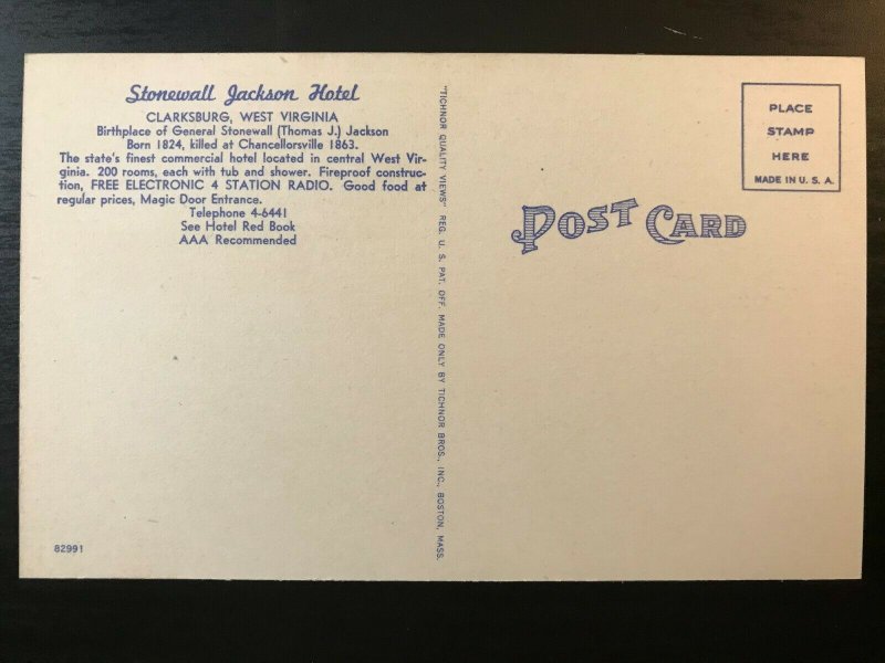 Vintage Postcard 1930-1945 Stonewall Jackson Hotel Clarksburg West Virginia