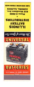 Universal Batteries Matchbook Cover, Illinois Distributors, Aurora, Advertising