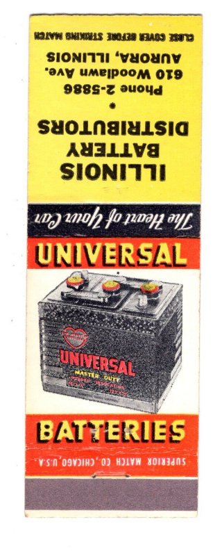 Universal Batteries Matchbook Cover, Illinois Distributors, Aurora, Advertising