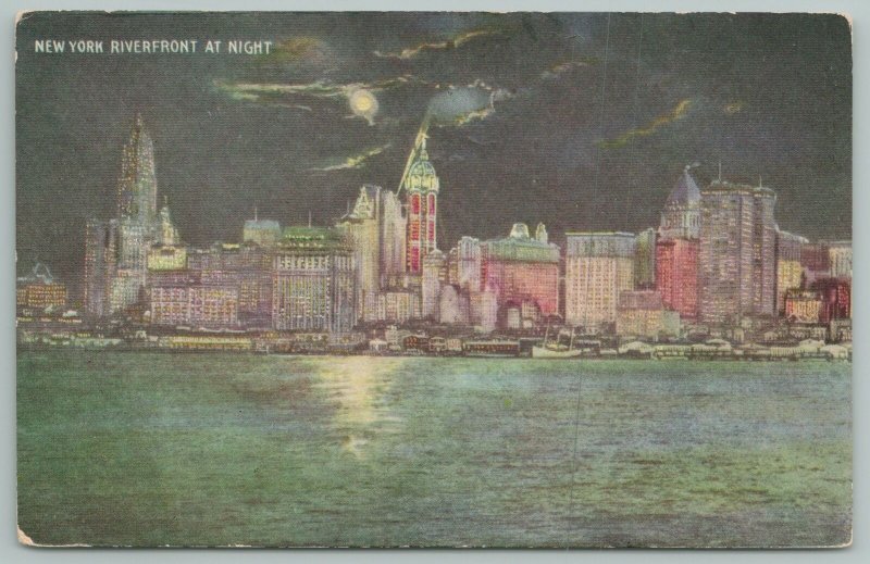 New York City~Riverfront & Skyline At Night~Vintage Postcard