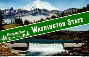 Washington Greetings Showing Mount Rainier and Grand Coulee Dam