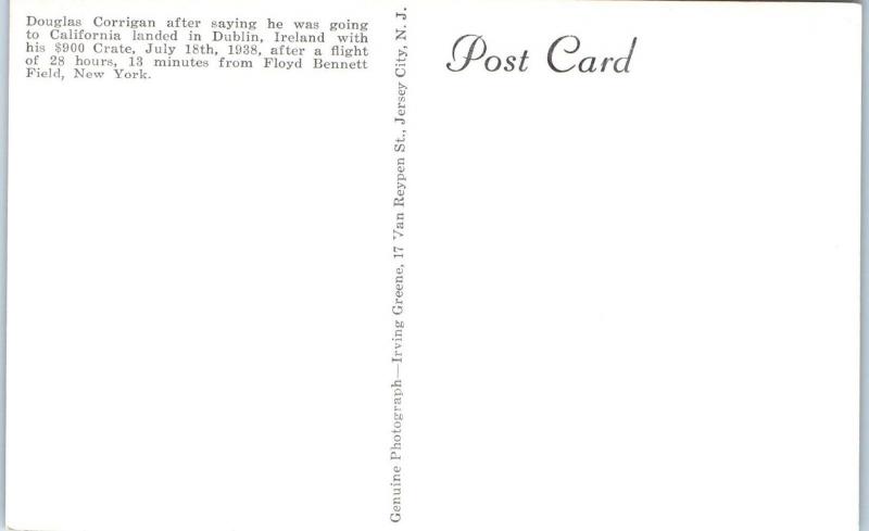 RPPC AVIATOR DOUGLAS WRONG WAY CORRIGAN & $900 Airlplane  c1940s Postcard