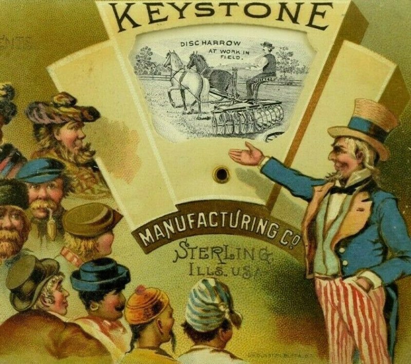 1880's-90's Mechanical Keystone Mfg. Card Agricultural Implements Uncle Sam 7J