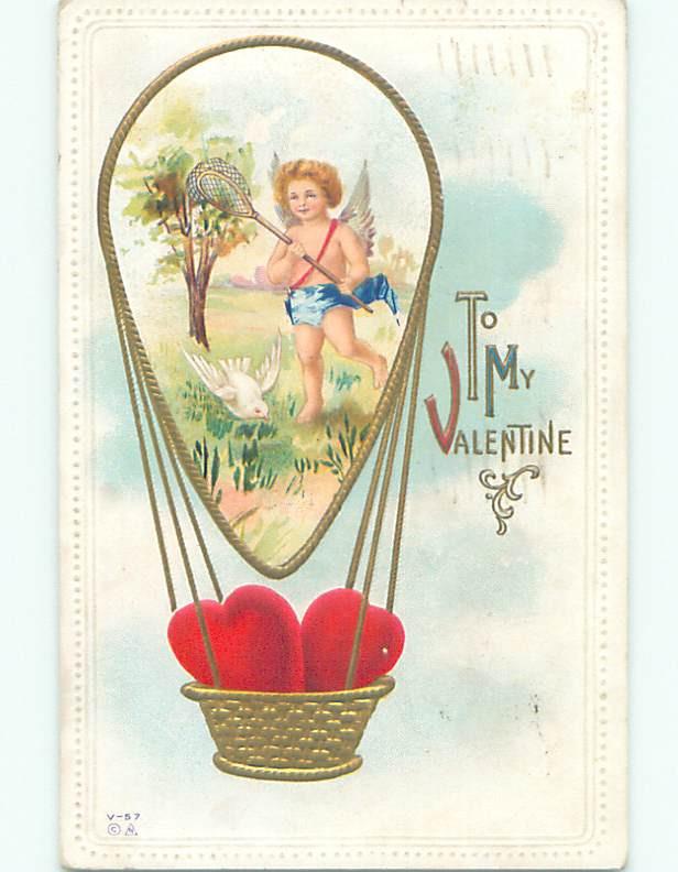 Pre-Linen valentine CUPID TRIES TO CATCH BIRD WITH BUTTERFLY NET J0515