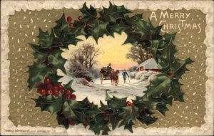 Christmas Horse Carriage Village Embossed Winsch c1911 Postcard